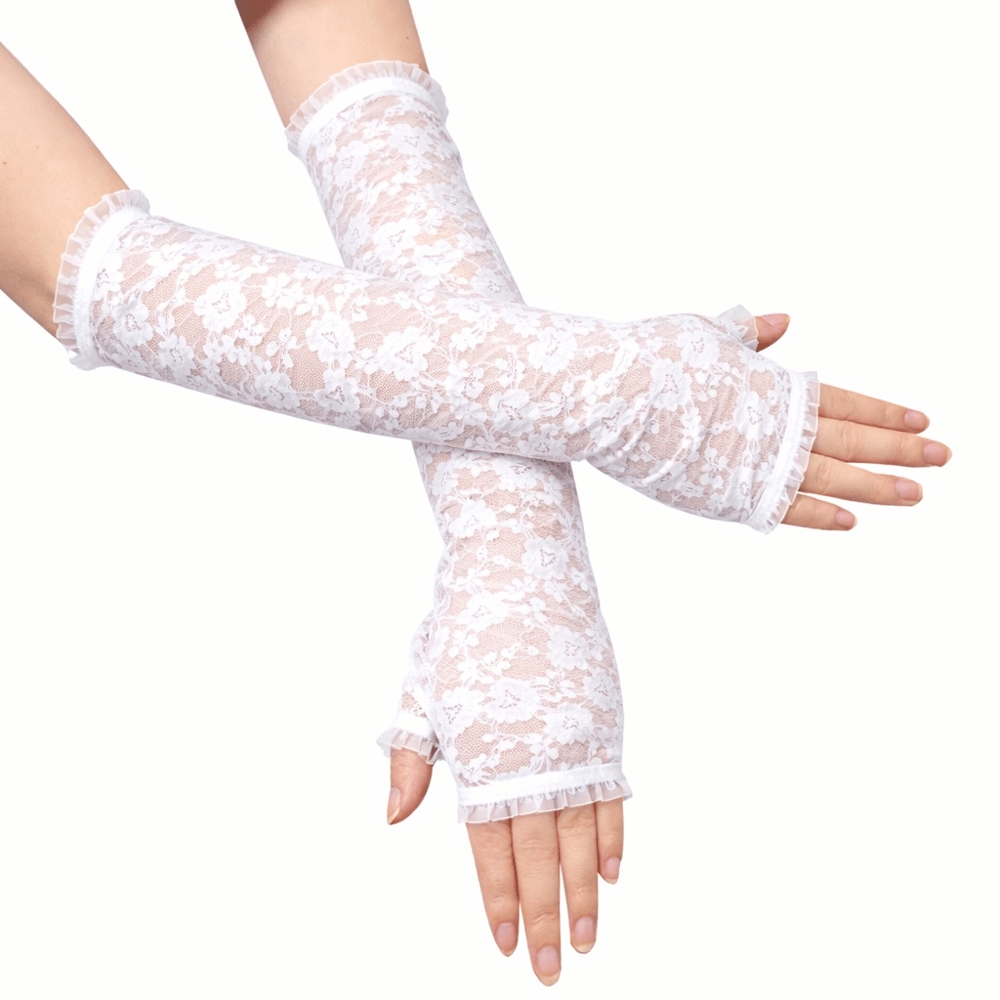 Uzun Zarif Dantel Eldiven Parmaksız Beyaz 35 Cm Bx40