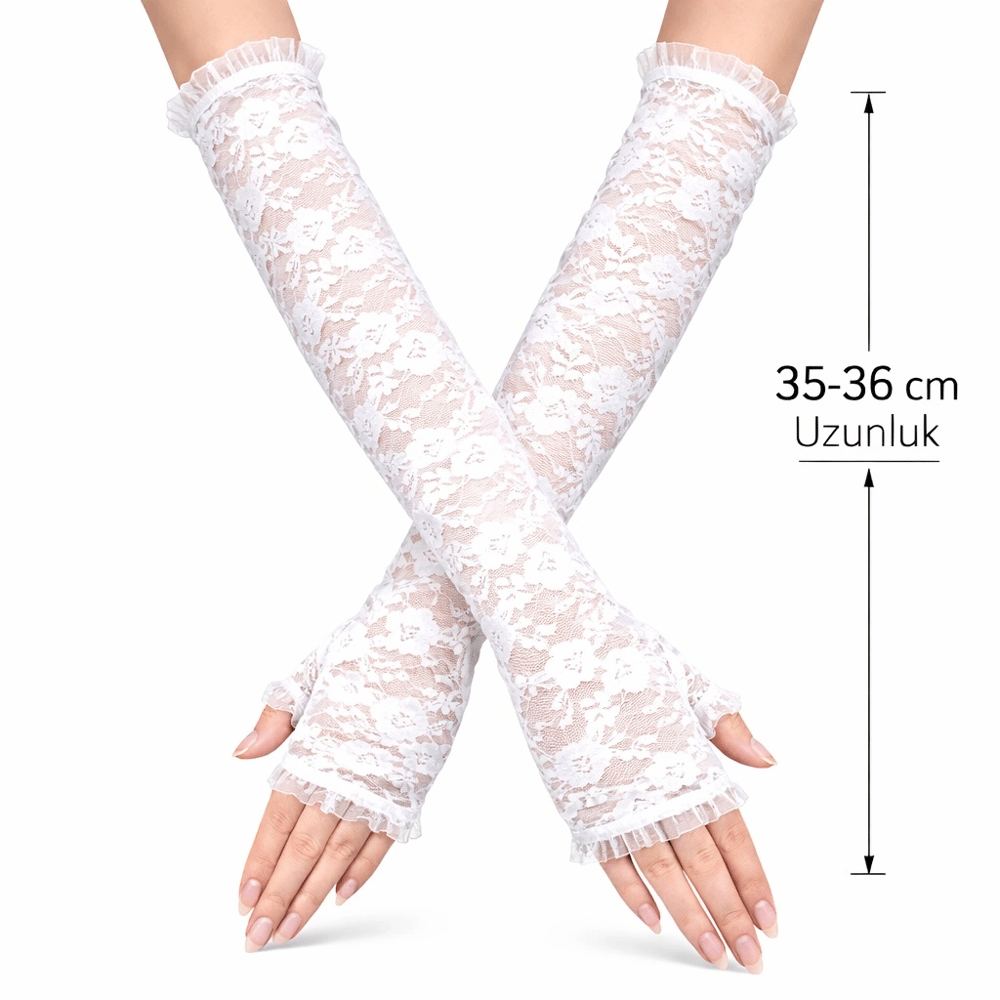 Uzun Zarif Dantel Eldiven Parmaksız Beyaz 35 cm