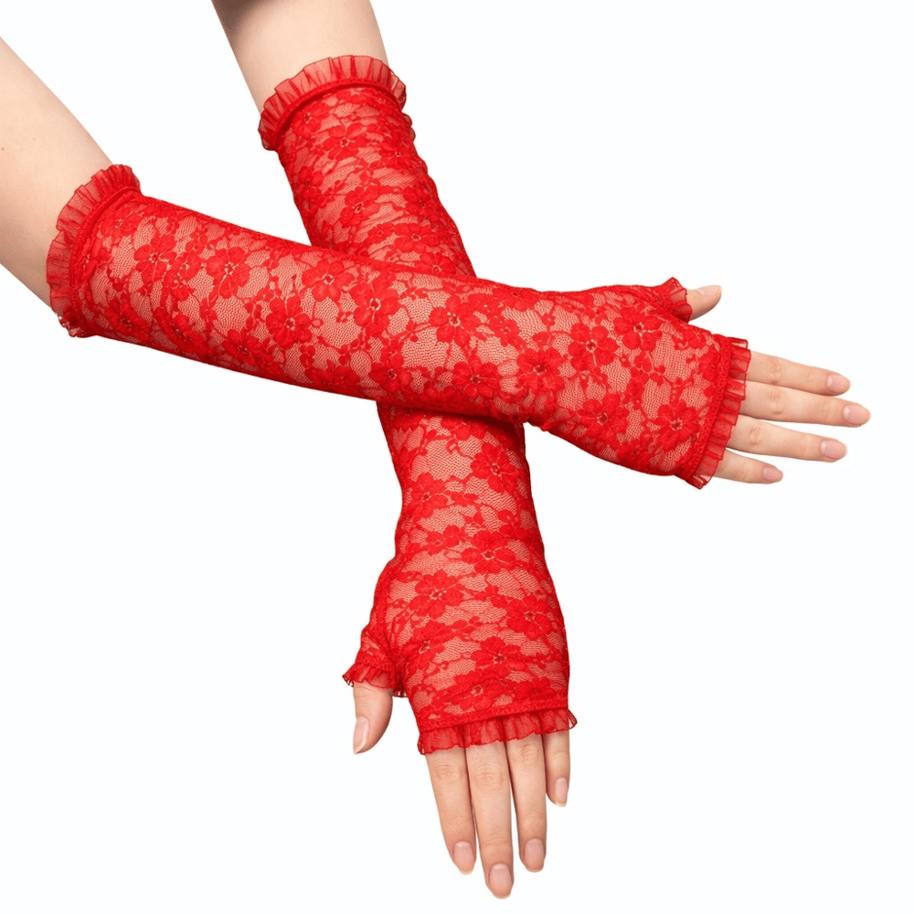 Uzun Zarif Dantel Eldiven Parmaksız Kırmızı 35 Cm Bx40