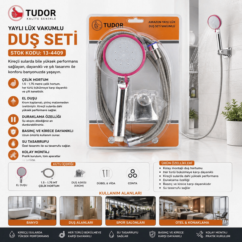 Vakumlu - Krom Lüks Duş Seti Metal Yaylı Hortum=150cm Mafsal Bx40