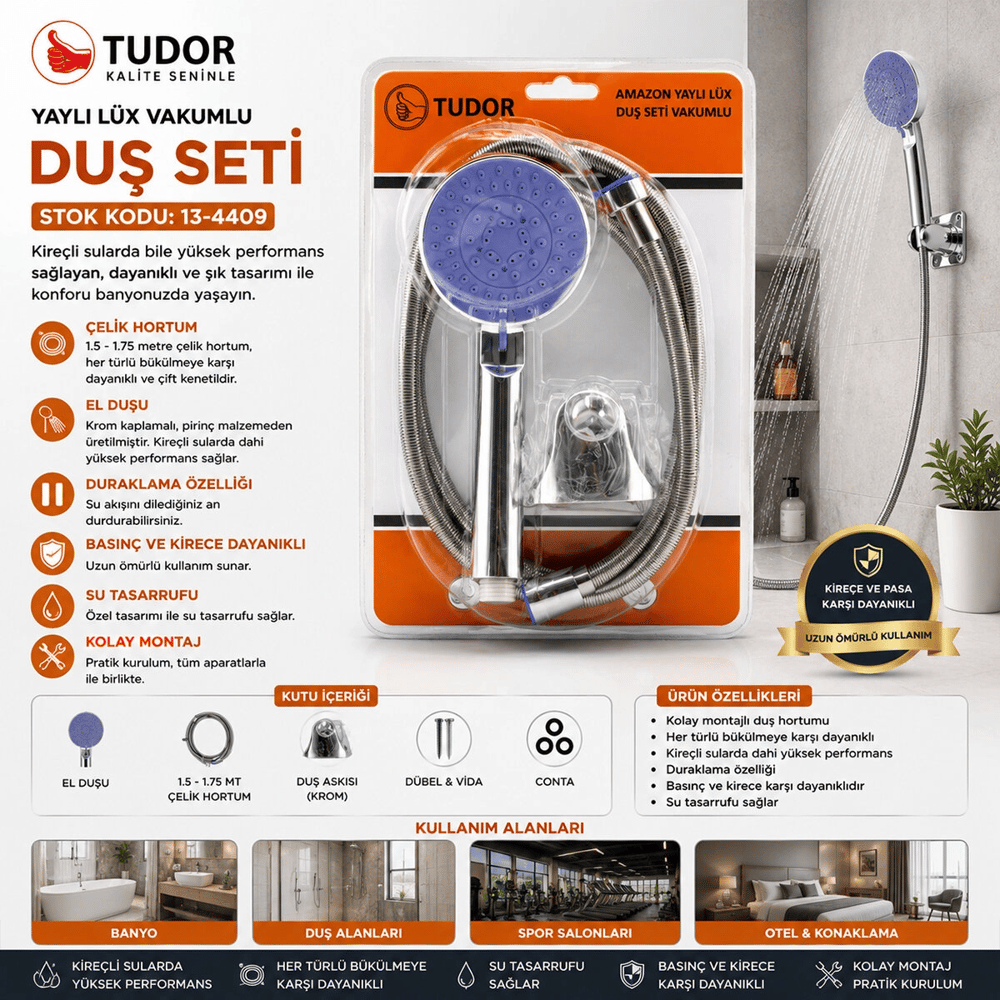 Vakumlu - Krom Lüks Duş Seti Metal Yaylı Hortum=150cm Mafsal Bx40