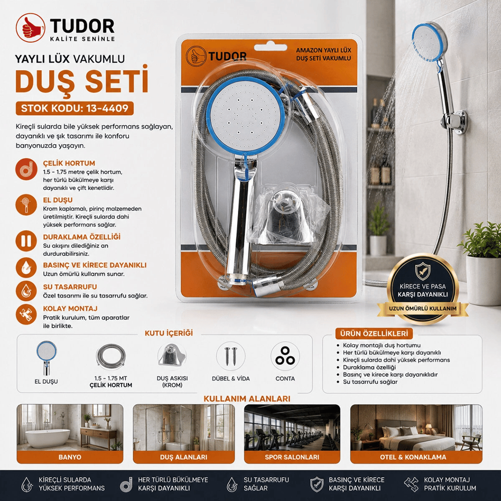 Vakumlu - Krom Lüks Duş Seti Metal Yaylı Hortum=150cm Mafsal Bx40