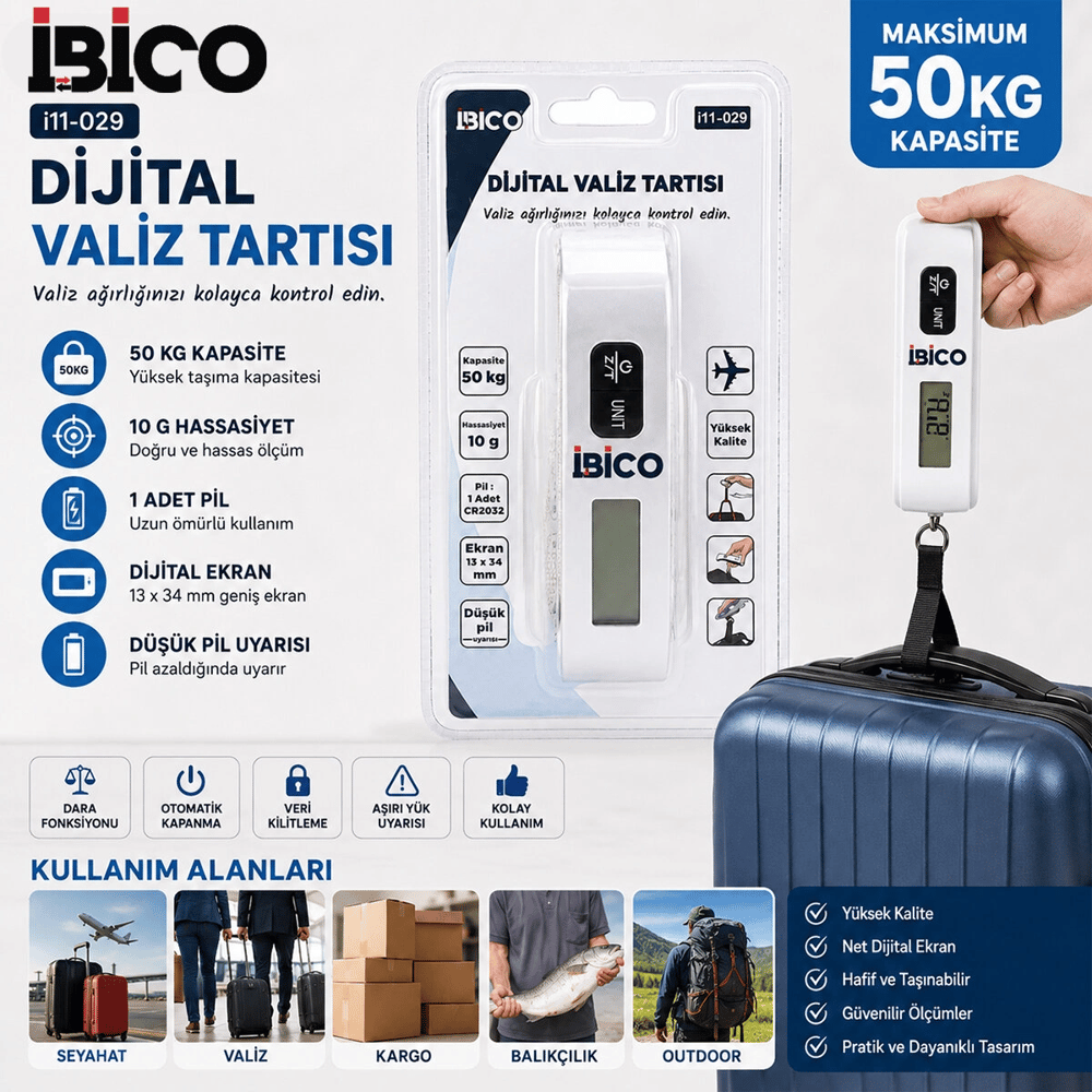 Valiz Model Dijital Valiz Terazi Tartı Kantar Pilli Max=50kg Hasassiyet = 10gr İ11-029 Bx40