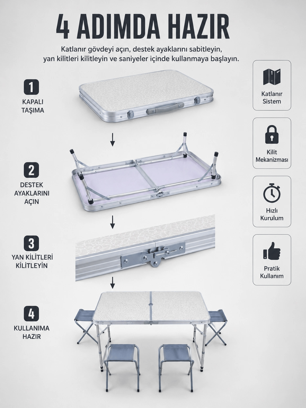 Valiz Tipi Katlanabilir Piknik Masası 4 Tabureli Taşınabilir Kamp Masası