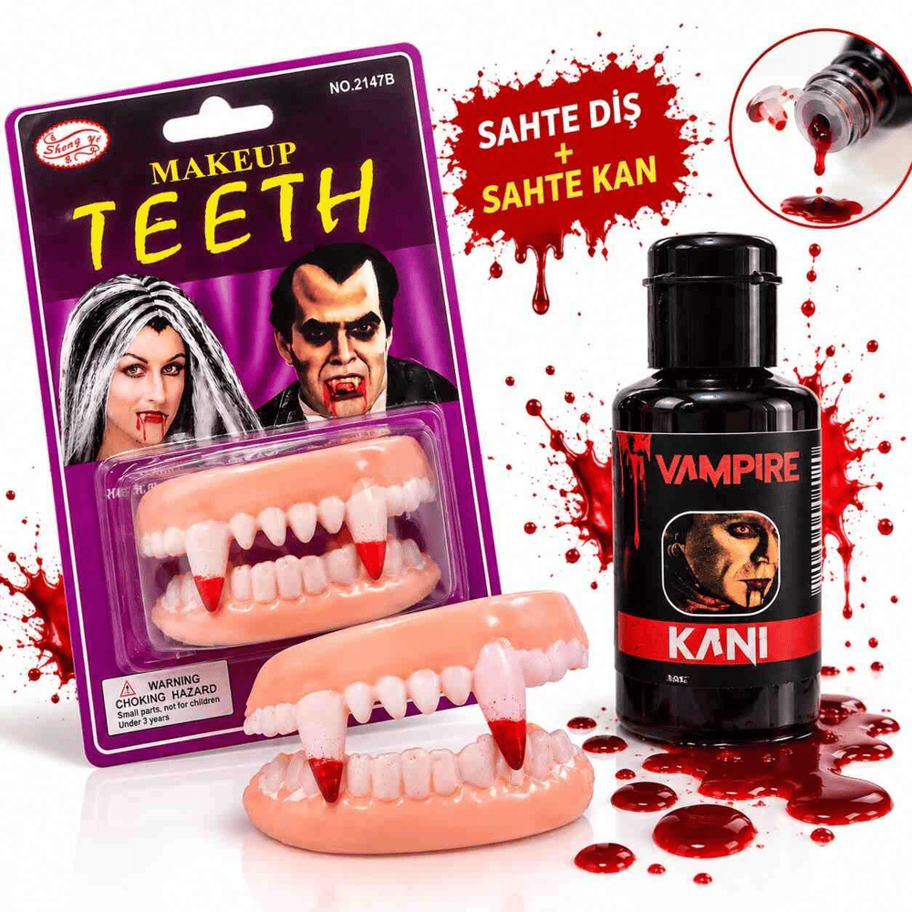 Vampir Takma Diş Ve Tiyatro Kanı Seti – 2 Parça