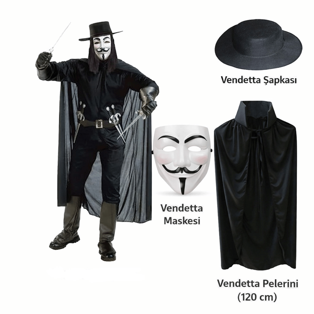 Vendetta Kostüm Seti – Şapka Maske Pelerin (120 Cm)