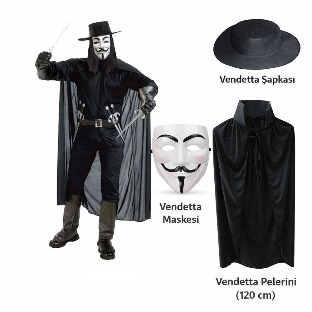 Vendetta Kostüm Seti – Şapka Maske Pelerin (120 Cm)
