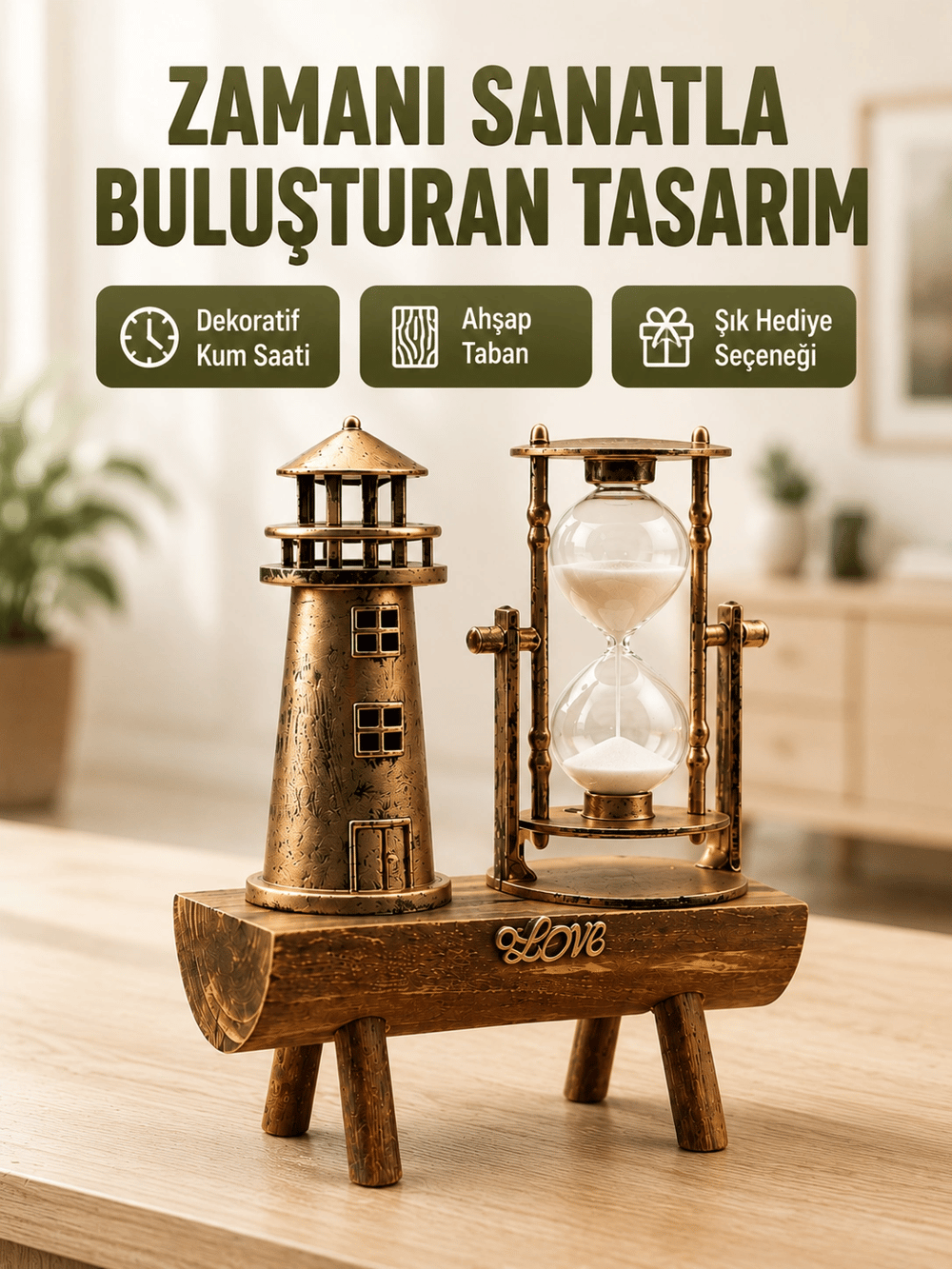 Vintage Kum Saati + Deniz Feneri Modeli – Ahşap Gövdeli Masa Üstü Dekor Yeni Nesil