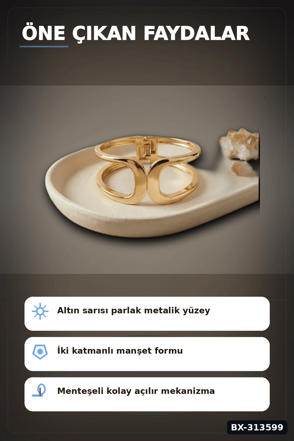 Vintage Manşet Kesim Pirinç Bilezik - Tekli Paket, Kadın Takı Aksesuarı BX-313599
