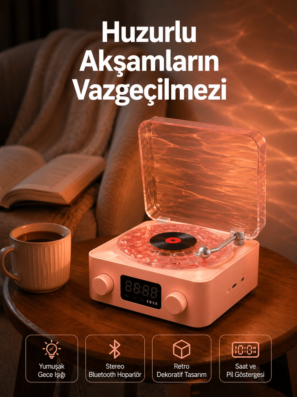 Vintage Tarz Bluetooth Hoparlör – Gece Işığı ve Zaman Göstergeli Yeni Nesil