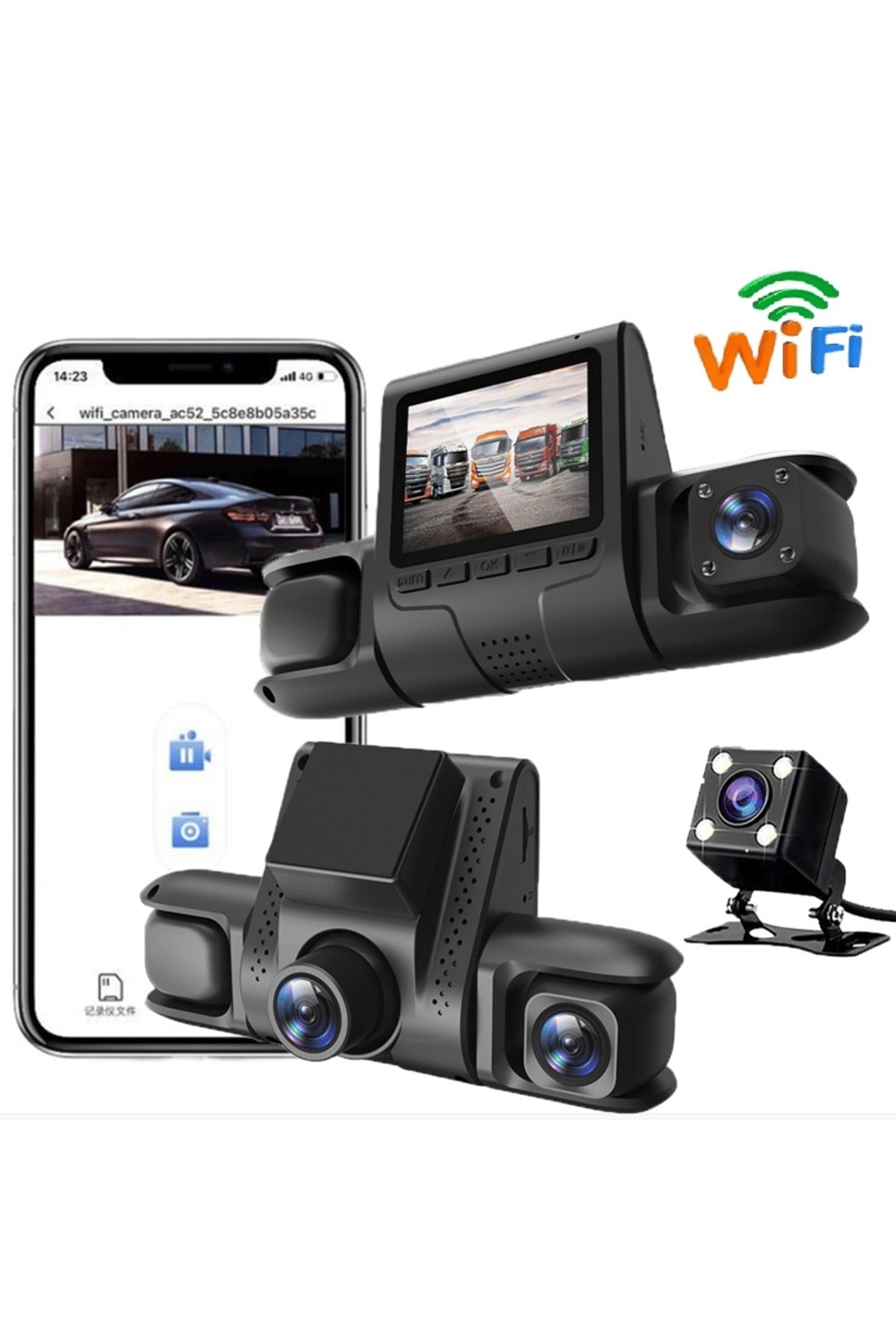 Wi-Fi Bağlantılı 1080P HD 4 Kameralı Araç İçi Kayıt Sistemi, 2.4 İnç Ekran ve Gece Görüş Özellikli