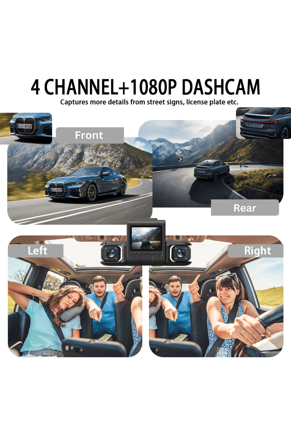 Wi-Fi Bağlantılı 1080P HD 4 Kameralı Araç İçi Kayıt Sistemi, 2.4 İnç Ekran ve Gece Görüş Özellikli