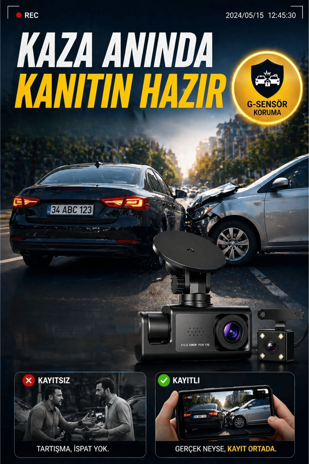 WiFi 1080p 3 Kameralı Araç İçi Kamera LCD Ekranlı Gece Görüşlü G Sensörlü Geniş Açılı