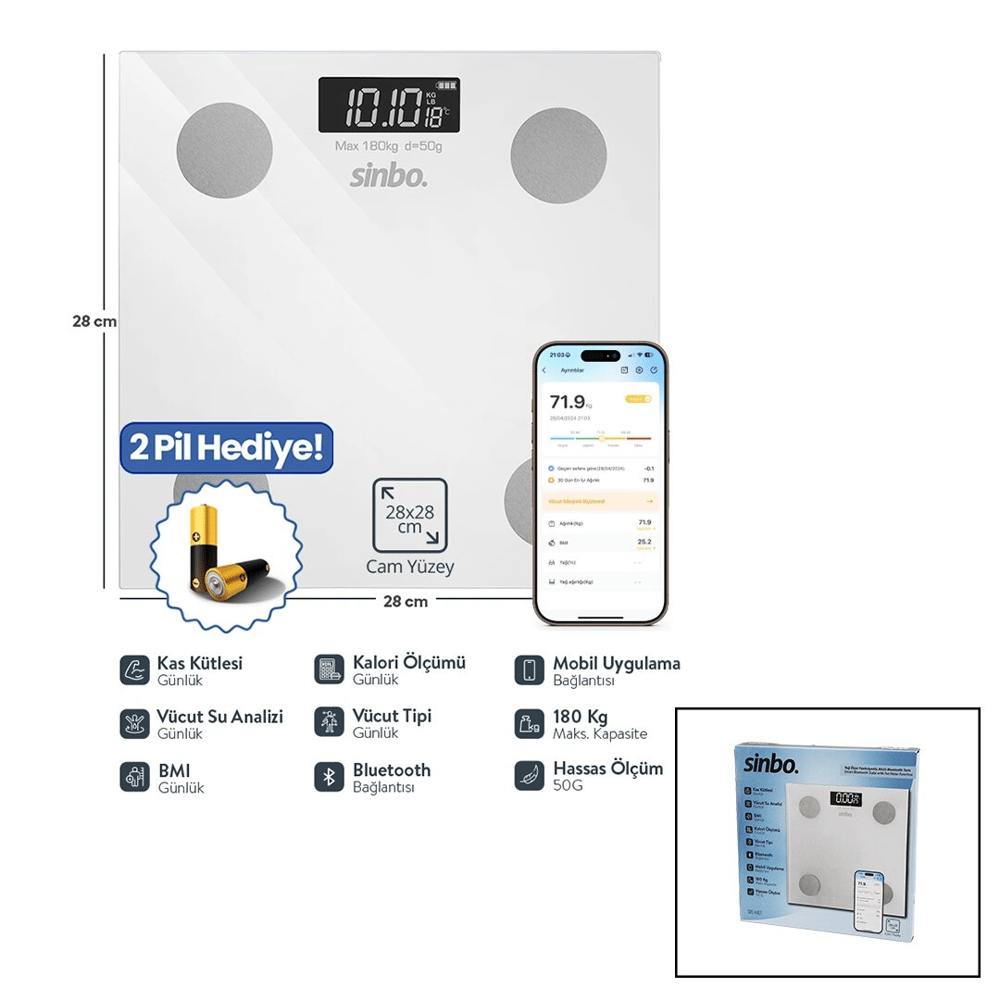 Yağ Ölçerakıllı Bluetooth Cam Baskül Pilli 180kg/50gr 28x28cm 8-kişi Hafıza Lcd Ekran Gösterge Sbs-4467