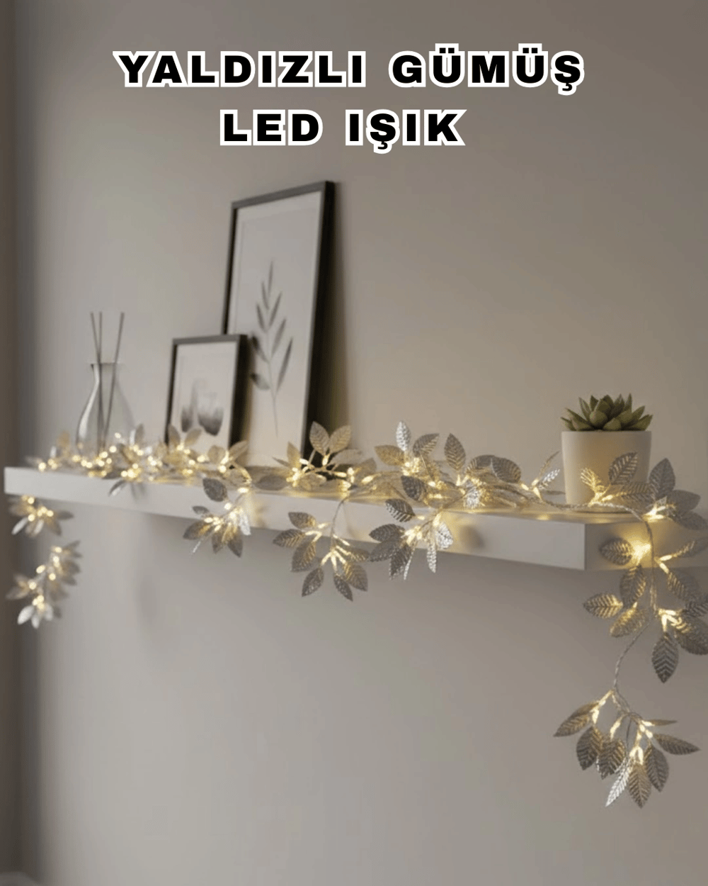 Yaldızlı Gümüş Yaprak LED Işık Pilli Dekoratif Ortam ve Yılbaşı Aydınlatması