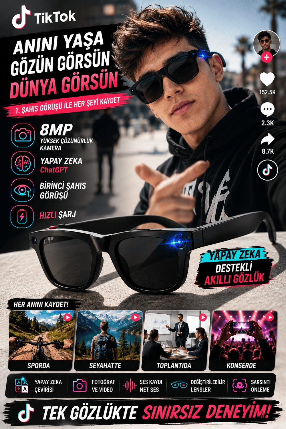 Yapay Zeka Asistanlı 8MP Kameralı Akıllı Gözlük ChatGPT Destekli Fotoğraf ve Video Kayıtlı