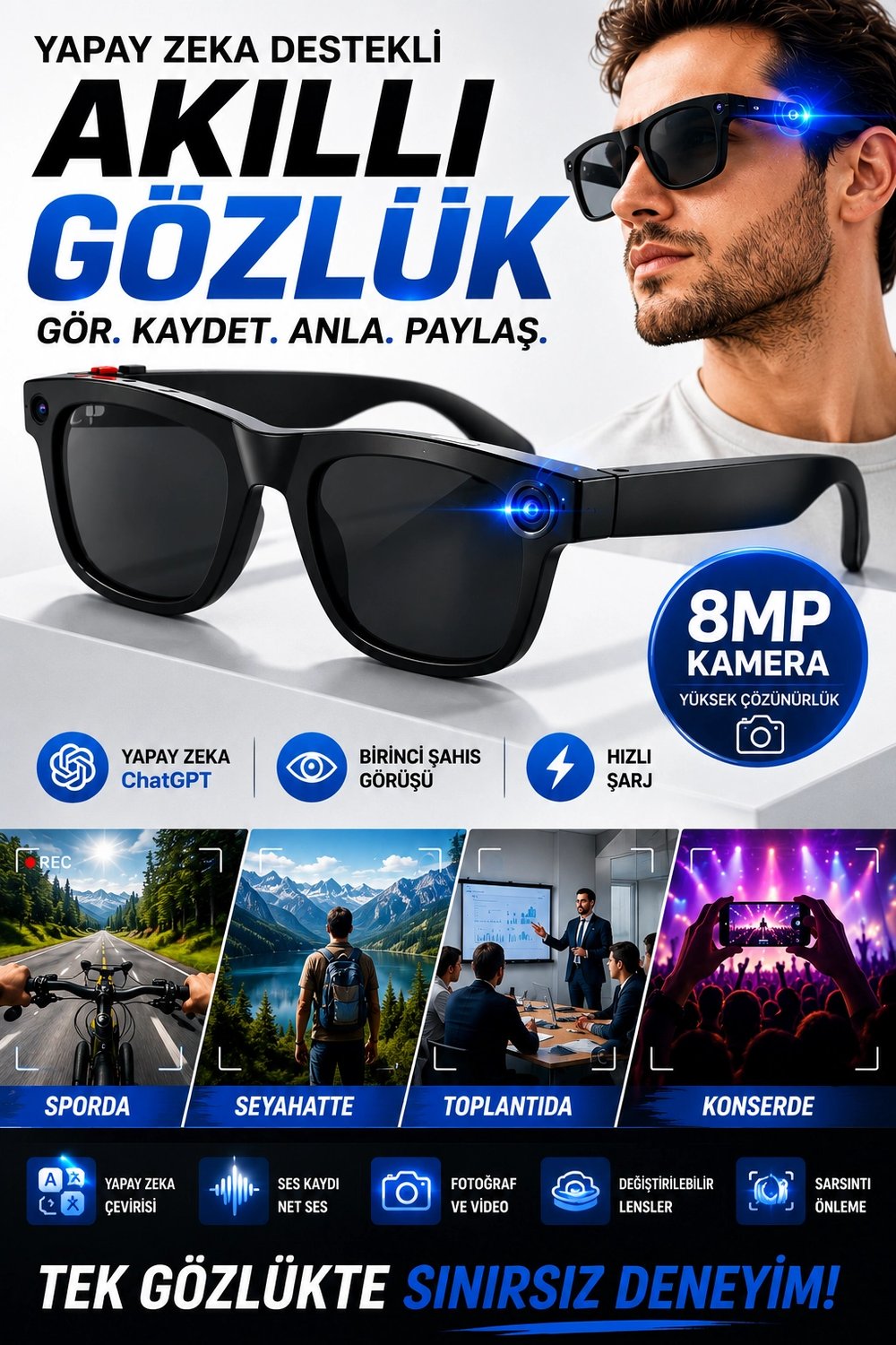 Yapay Zeka Çevirili 8MP Kameralı Akıllı Gözlük Birinci Şahıs Görüşü ve Hızlı Şarjlı