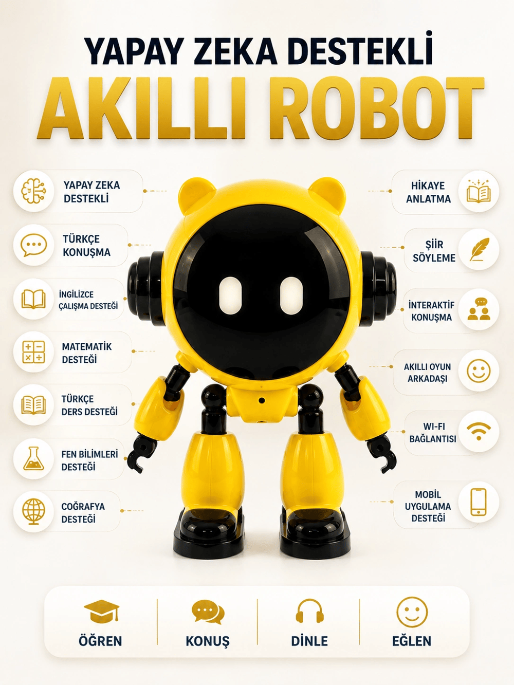 Yapay Zeka Çocuk Robotu Türkçe İngilizce Matematik Fen Ders Desteği Hikaye ve Şiir Özellikli