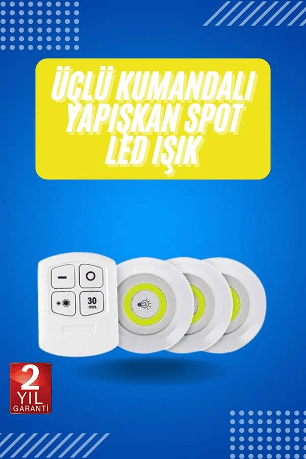Yapışkanlı 3lü Spot Led Işık Lamba Montajsız Pilli Uzaktan Kumandalı
