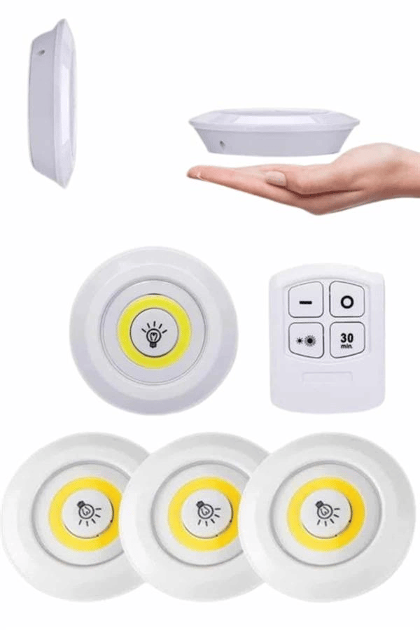 Yapışkanlı 3lü Spot Led Işık Lamba Montajsız Pilli Uzaktan Kumandalı