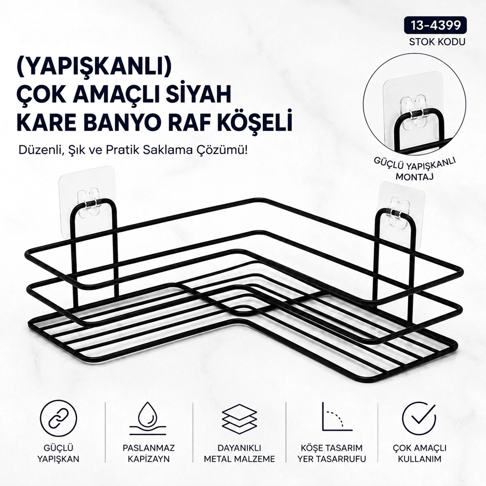 Yapışkanlı Çok Amaçlı Siyah Kare Banyo Raf Köşeli Bx40