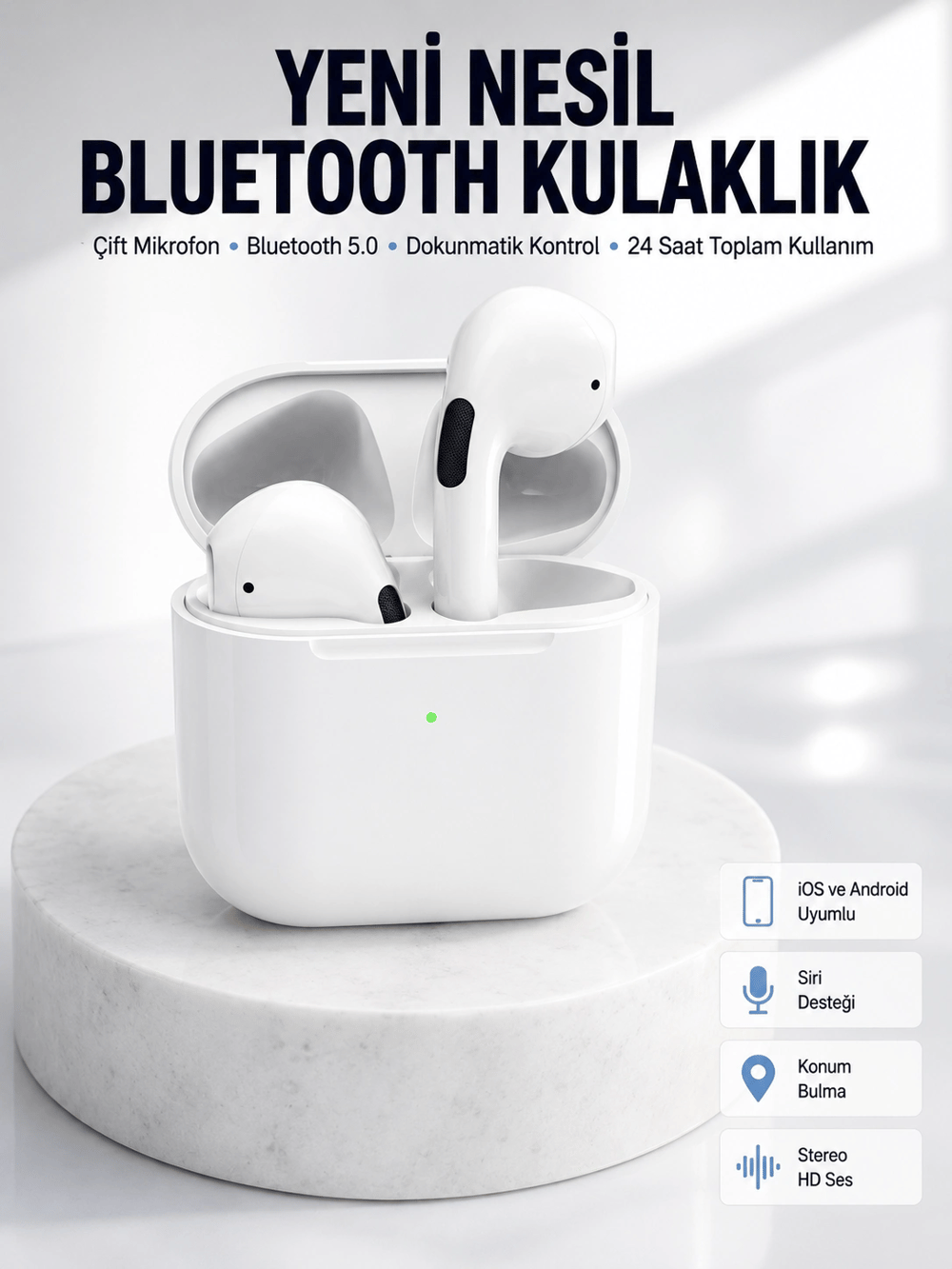 Yeni Nesil Bluetooth Kulaklık Beyaz Çağrı Cevaplayabilen Kablosuz