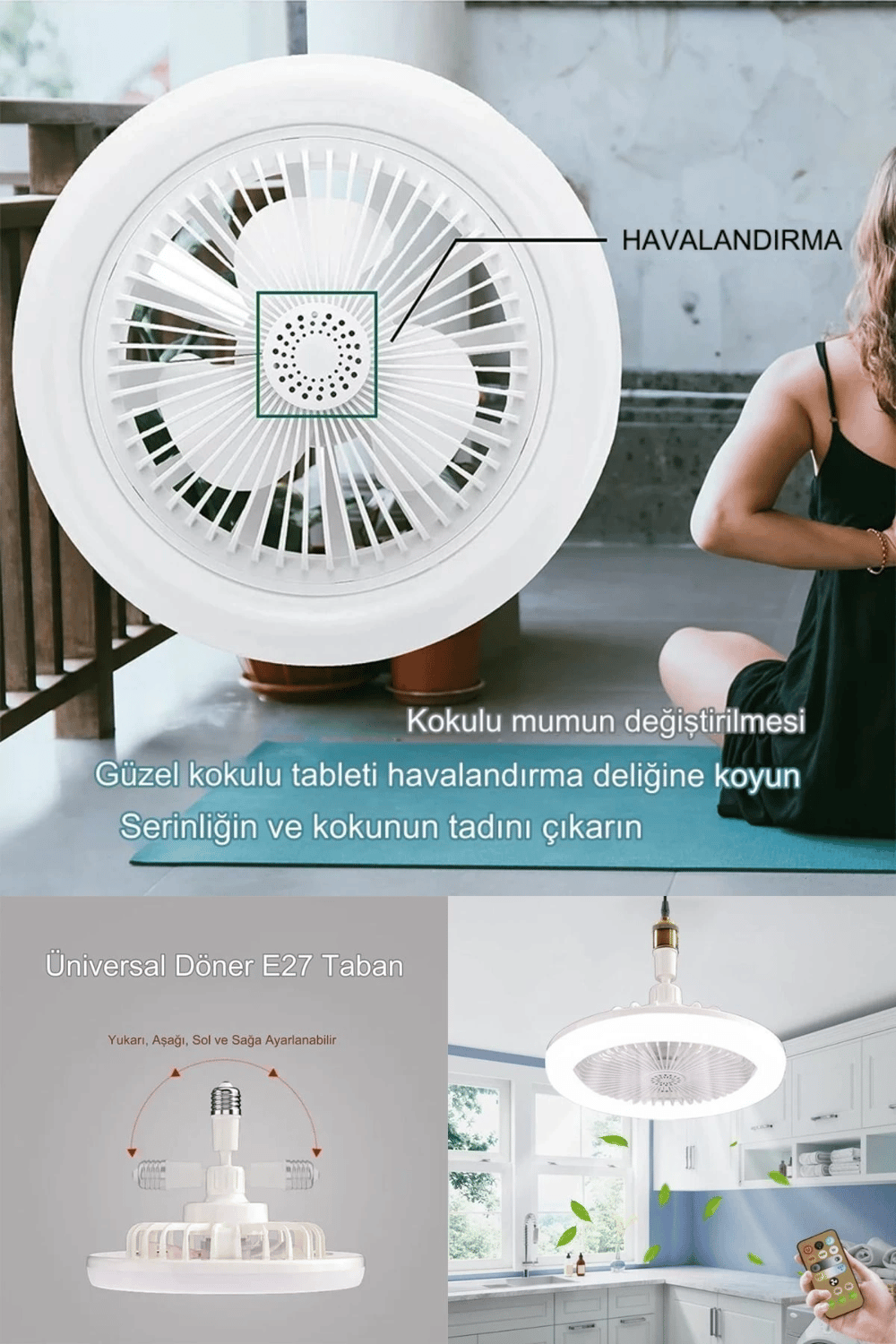 Yeni Nesil E27 Duylu Kumandalı Tavan Vantilatörlü Led Lamba 3 Hız Ayarı ve 3 Renk Ayarı