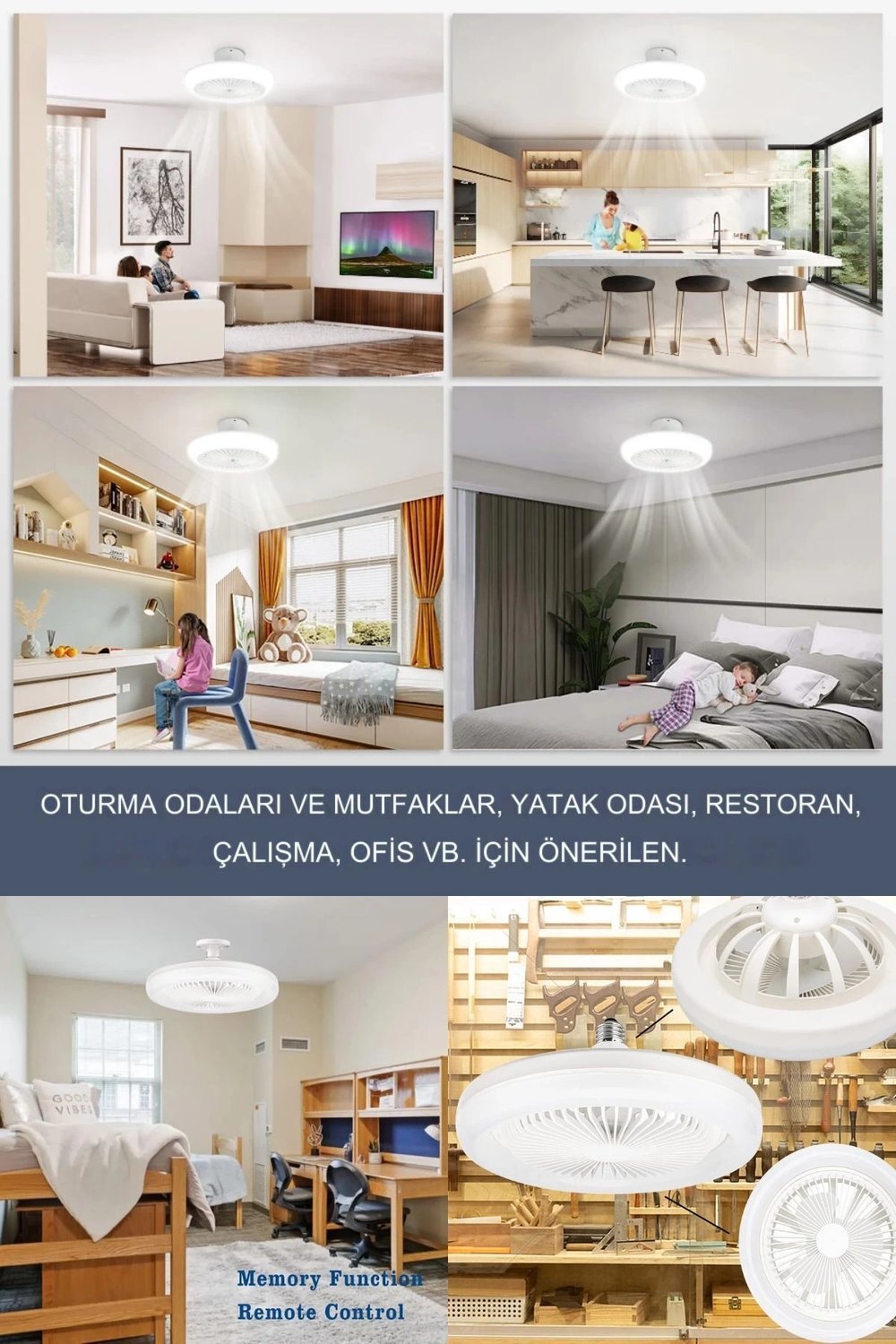 Yeni Nesil E27 Duylu Kumandalı Tavan Vantilatörlü Led Lamba 3 Hız Ayarı ve 3 Renk Ayarı