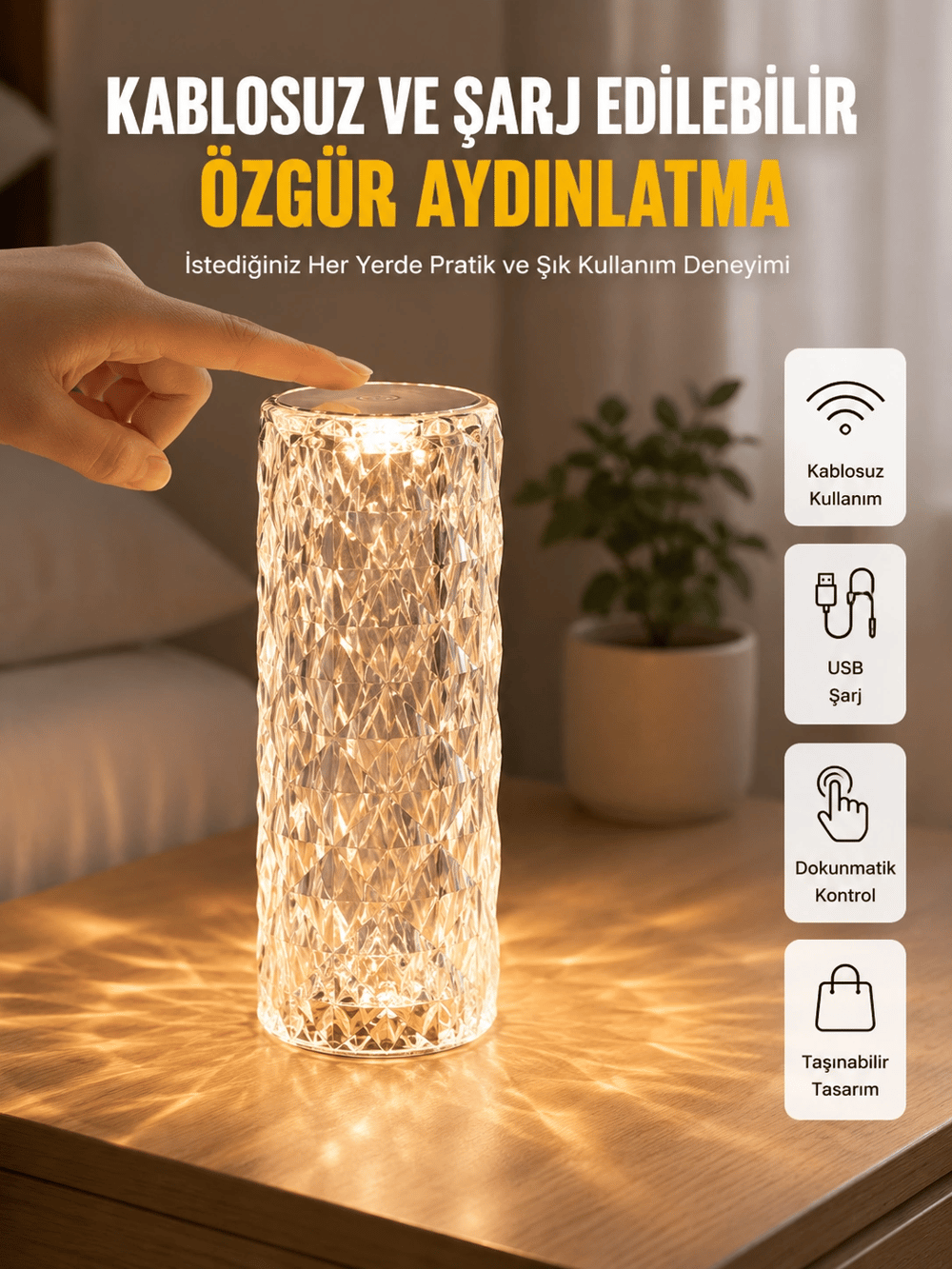 Yeni Nesil Modern Kristal Masa ve Gece Lambası Dokunmatik Renk Değiştirebilen