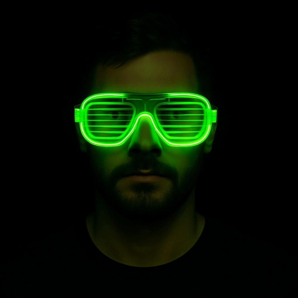 Yeşil LED Işıklı Parti Gözlüğü – Neon Glow Şerit Gözlük 3 Modlu