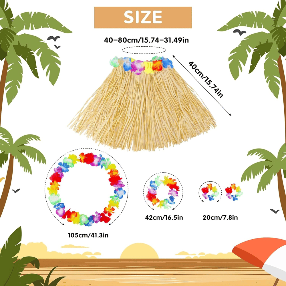 Yetişkin Çocuk Hawaii Parti Seti - 40 Cm Naturel Etek + Çiçek Aksesuarlar (5 Parça) Bx40
