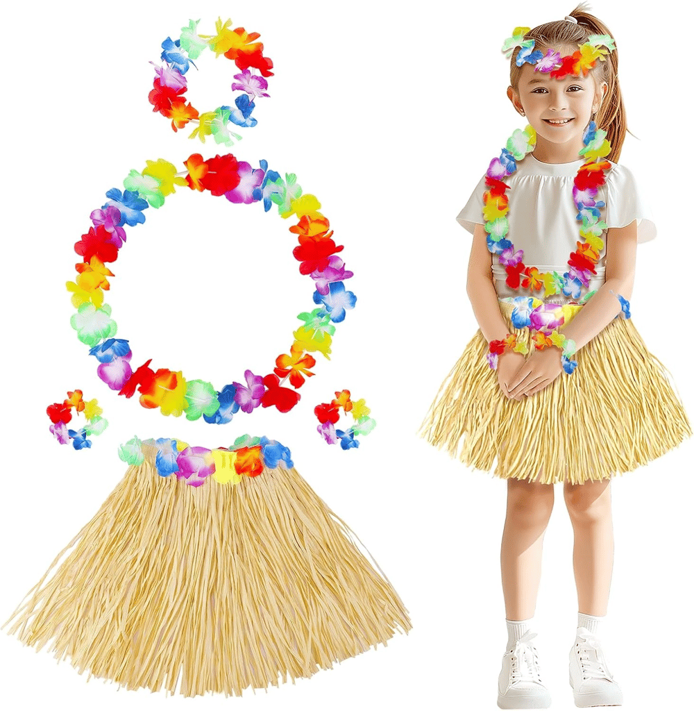 Yetişkin Çocuk Hawaii Parti Seti - 40 Cm Naturel Etek + Çiçek Aksesuarlar (5 Parça) Bx40