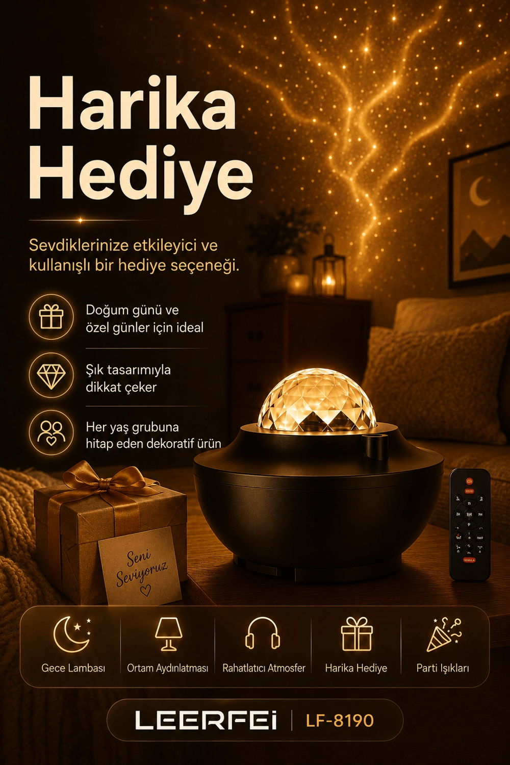 Yıldız Efektli Projektör Gece Lambası Müzik Destekli Ambiyans Ve Parti Işığı