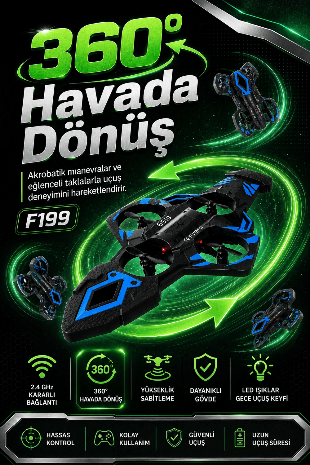Yönsüz Mod Destekli Uzaktan Kumandalı Uçak Drone 2.4G Frekanslı Eğlenceli Oyuncak