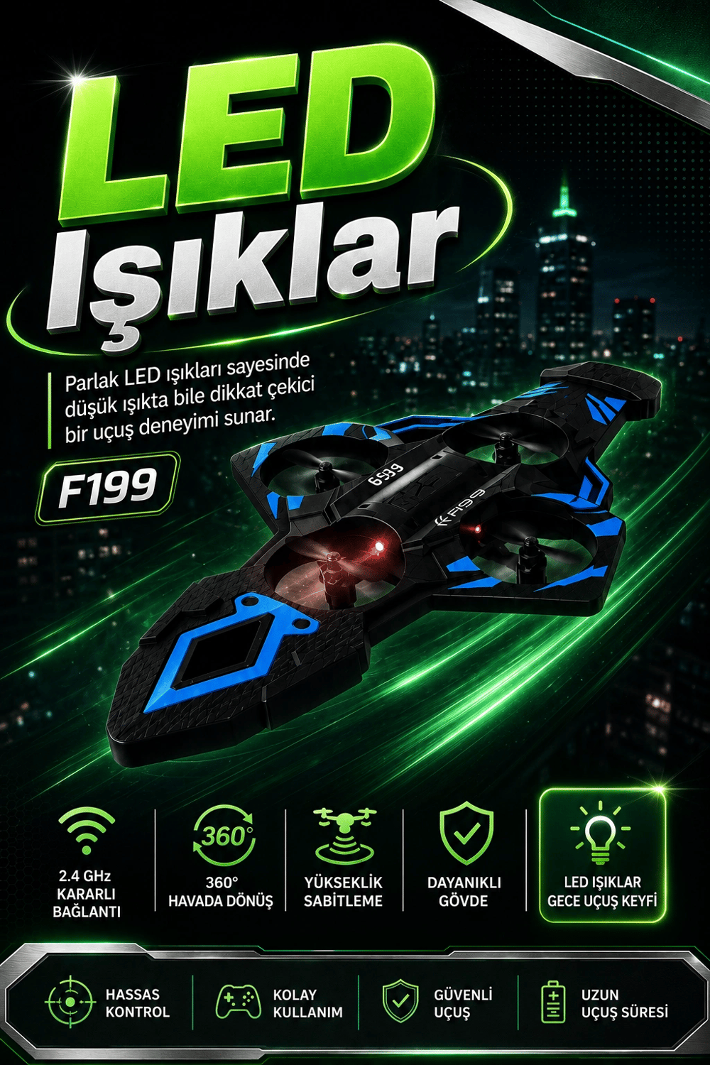 Yönsüz Mod Destekli Uzaktan Kumandalı Uçak Drone 2.4G Frekanslı Eğlenceli Oyuncak