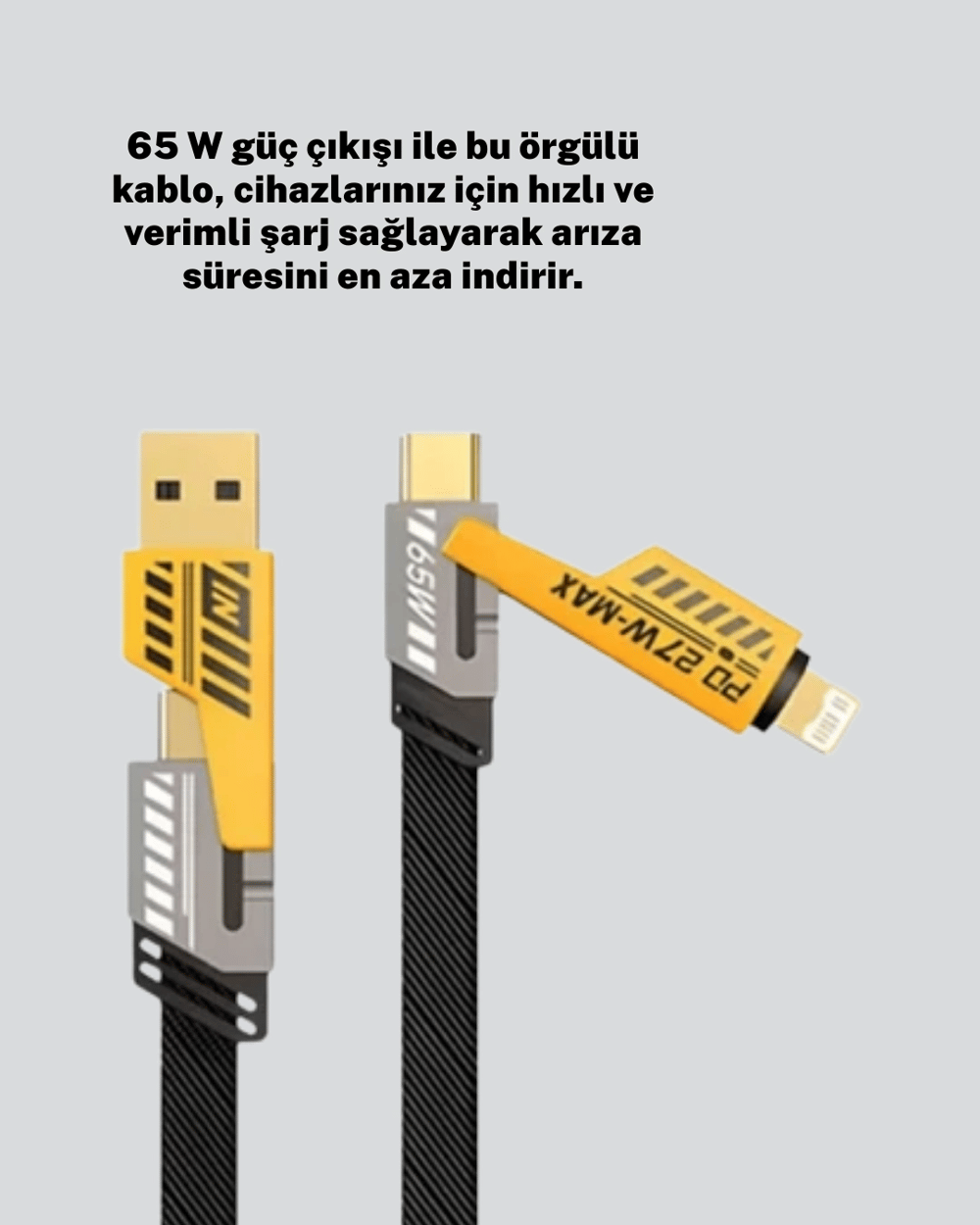 Yüksek Hızlı 65W Güç Çıkışlı Çoklu Cihaz Uyumlu Şarj Kablosu