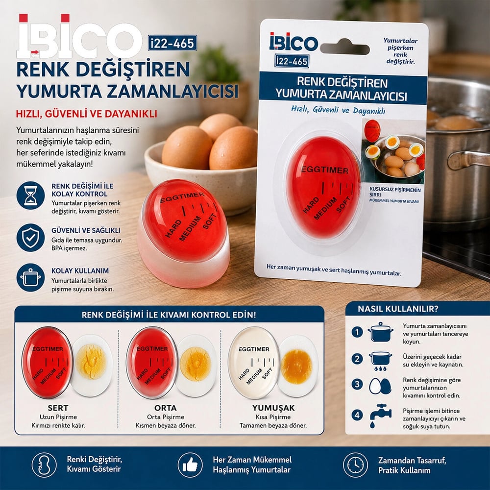 Yumurta Pişirme Zamanlayıcı Renk Değiştiren Kıvamlayıcı Sert - Orta - Yumuşak İ22-465 Bx40