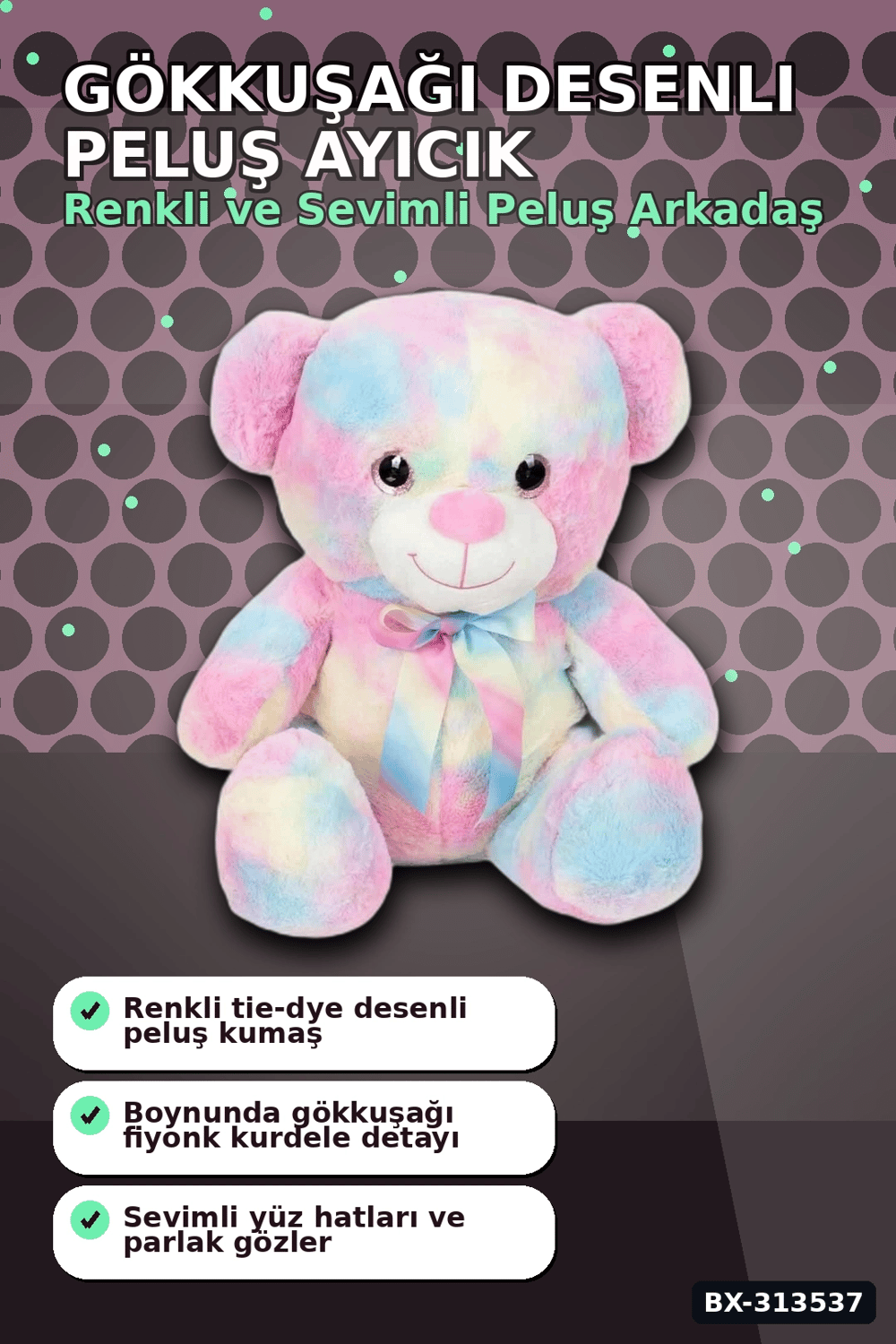 Yumuşak Peluş Oyuncak Gökkuşağı Desenli Ayıcık 45 cm Sevimli Hediye İçin Tekli BX-313537