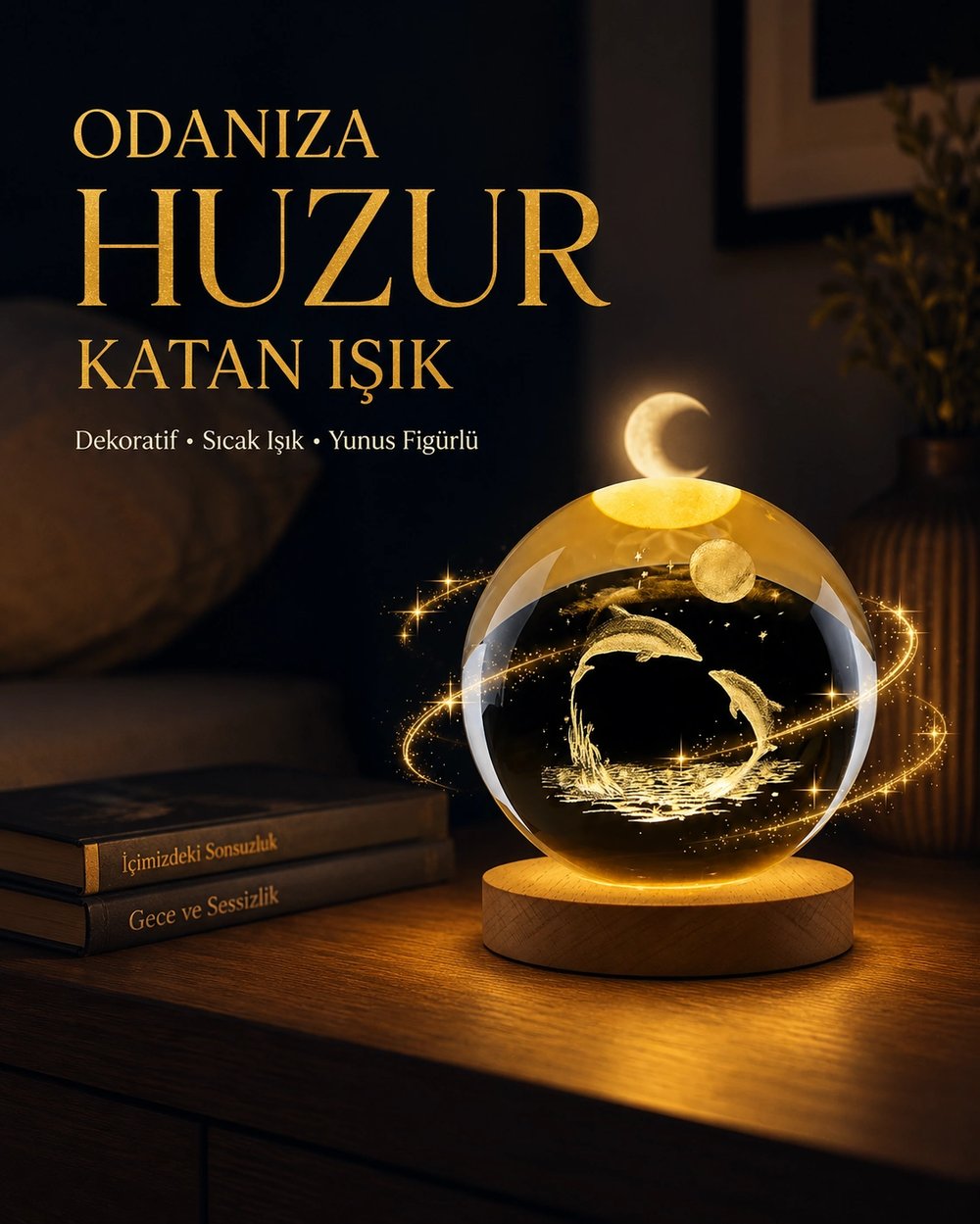 Yunus Temalı Kristal Küre USB Işıklı Ahşap Altlıklı Gece Lambası