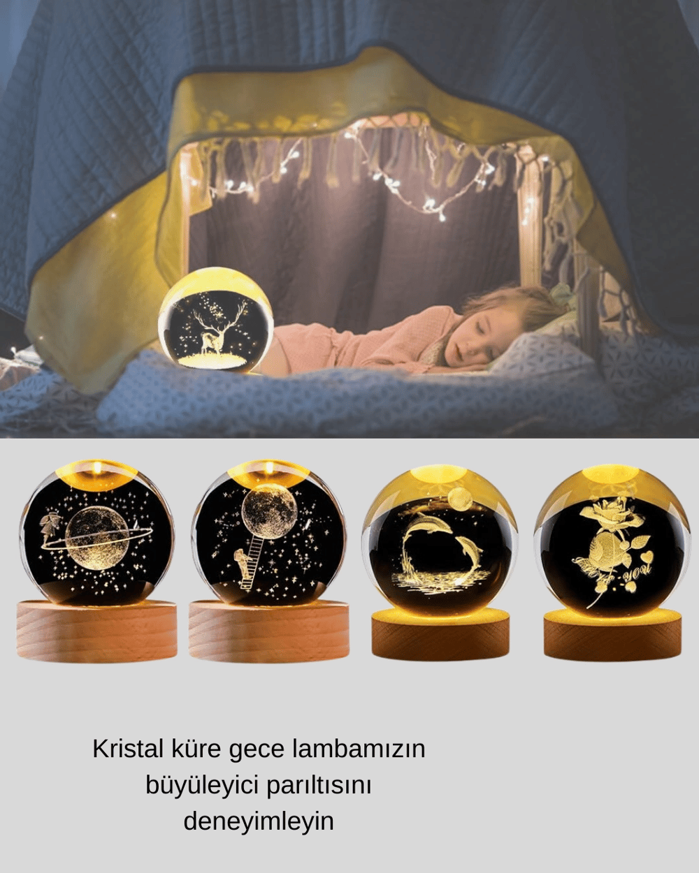 Yunus Temalı Kristal Küre USB Işıklı Ahşap Altlıklı Gece Lambası