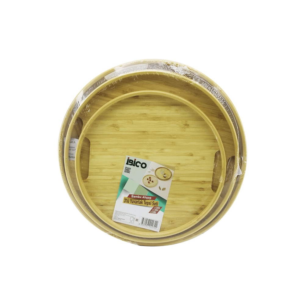 Yuvarlak - 3 Boy Bambu Ahşap Tepsi Seti 30--35--38cm Bx40