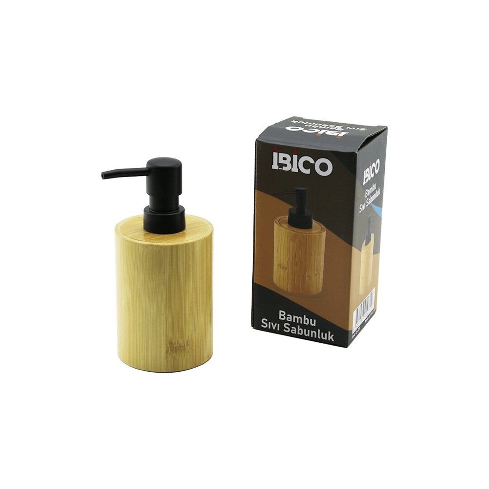Yuvarlak Ahşap Bambu Sıvı Sabunluk Siyah Plastik Pompa  Çap: 8cm - Y: 11cm Bx40