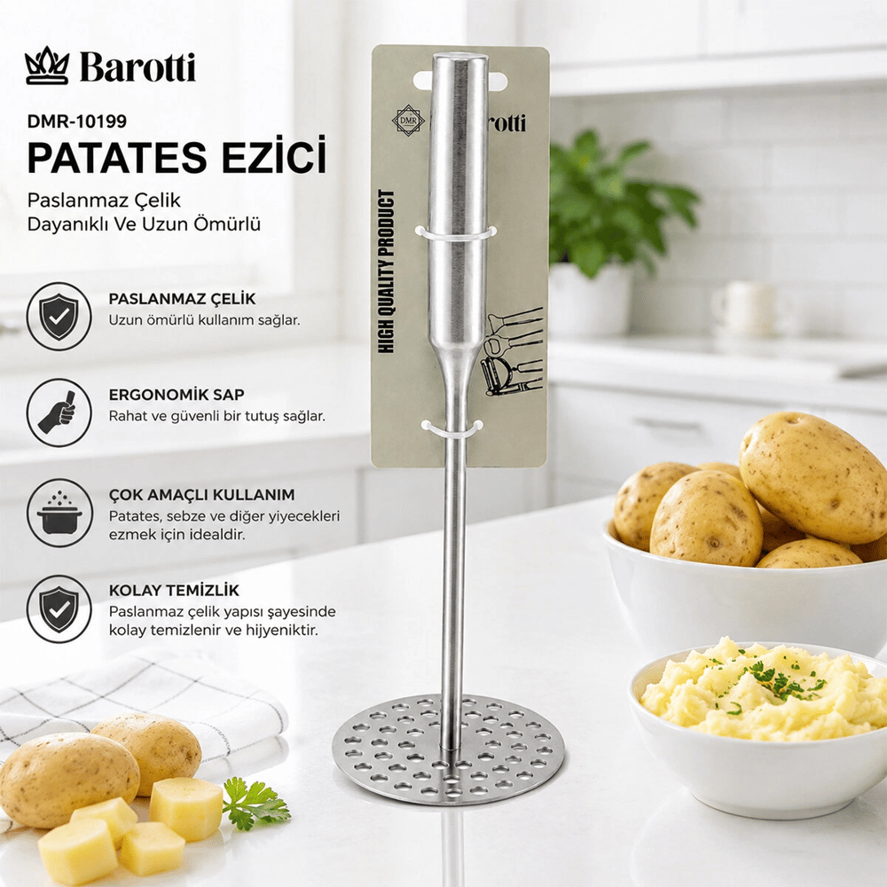 Yuvarlak Çap : 8cm Metal Saplı = 11.5cm Metal Patates Ezici Toplam Uzunluk : 26.5cm Bx40