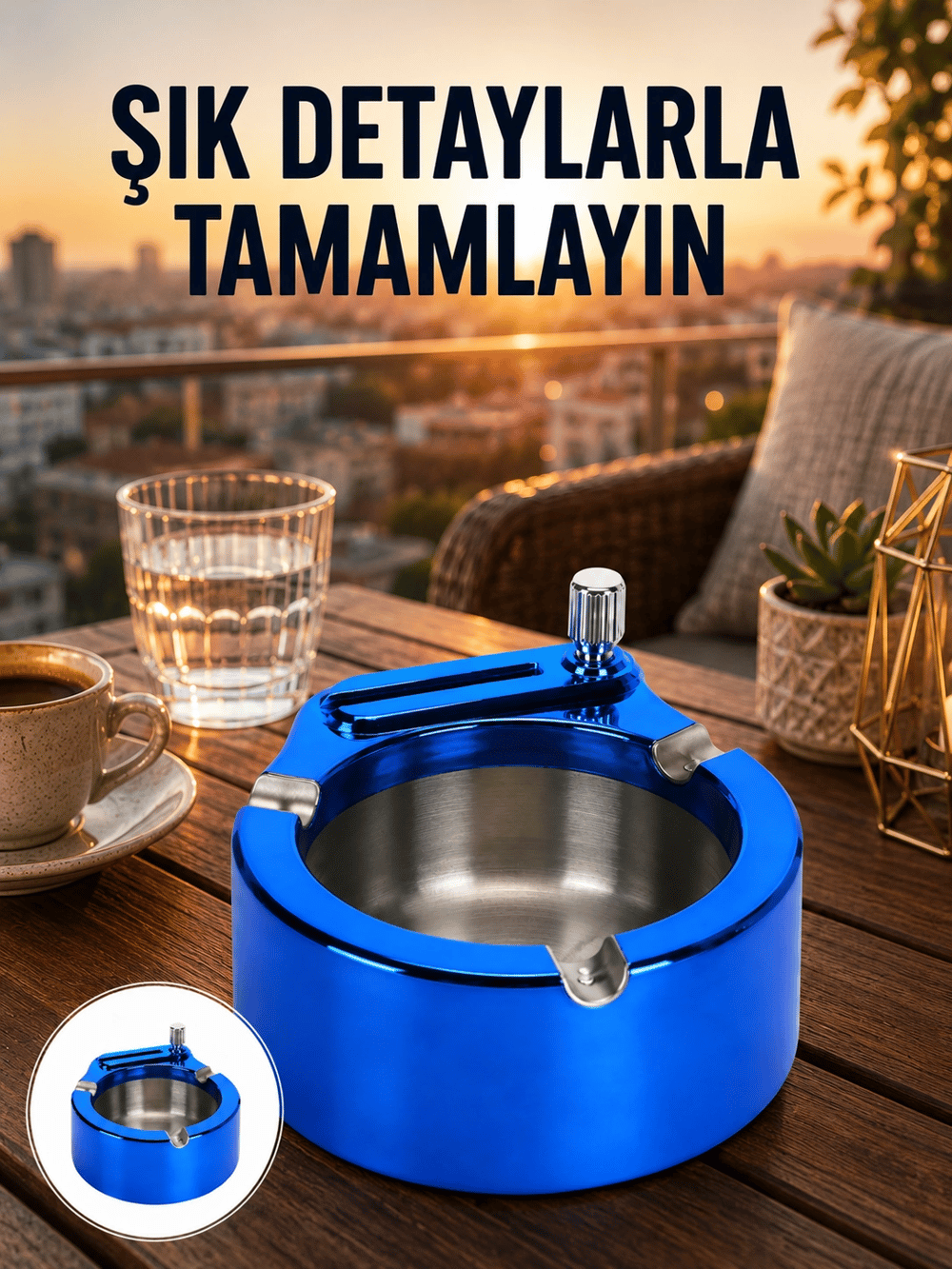 Yuvarlak Metal Küllük Çakmak Entegreli Dayanıklı Yapı Yeni Nesil