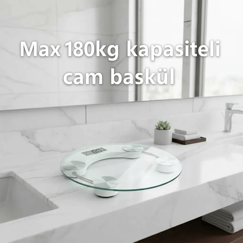 Yuvarlak Şeffaf Dijital Cam Baskül Tartı – 180 Kg Taşıma Kapasitesi, Hassas Ölçüm, Şık Tasarım Terazi