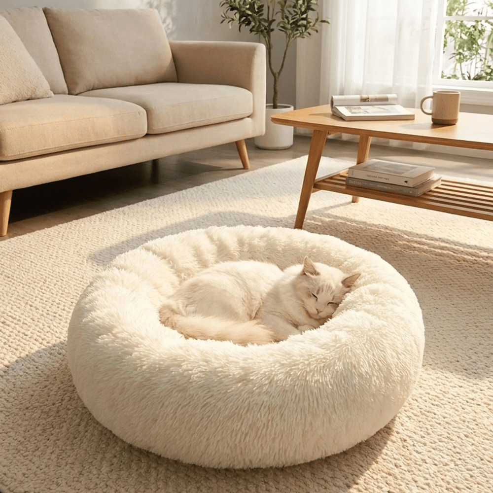 Yuvarlak Ultra Yumuşak Welsoft Peluş Kedi Ve Köpek Yatağı – Kaymaz Taban Tüylü Pet Pufu,uyku Minderi (krem) Bx40