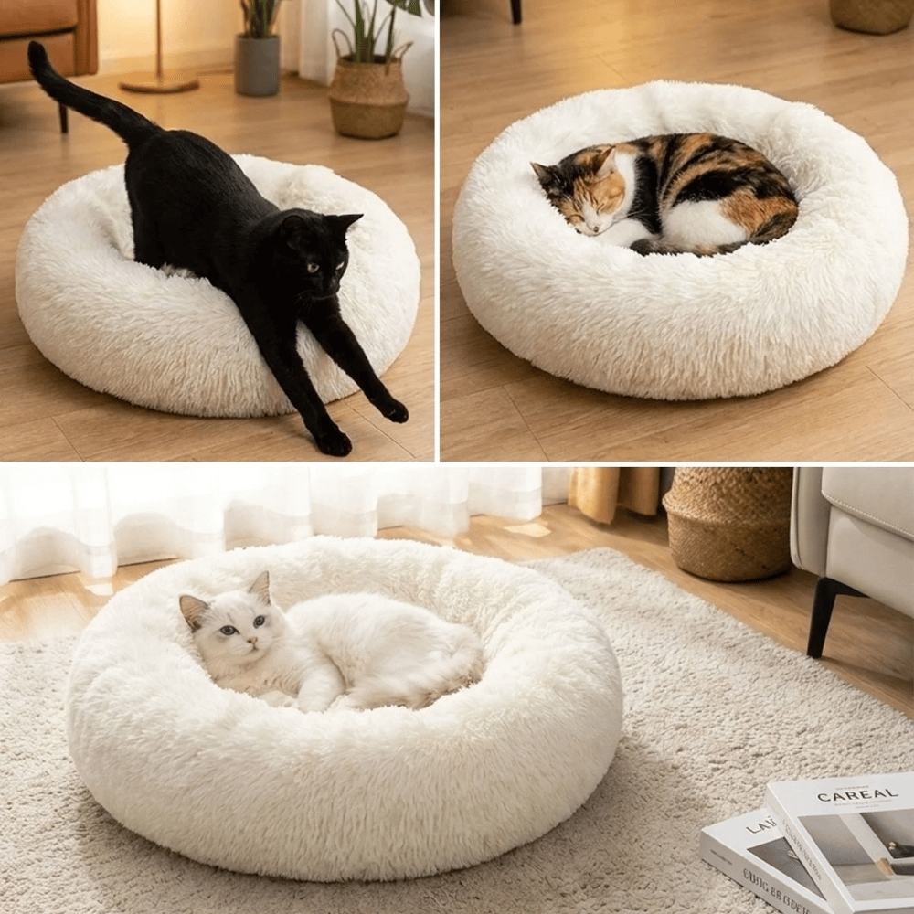 Yuvarlak Ultra Yumuşak Welsoft Peluş Kedi Ve Köpek Yatağı – Kaymaz Taban Tüylü Pet Pufu,uyku Minderi (krem) Bx40