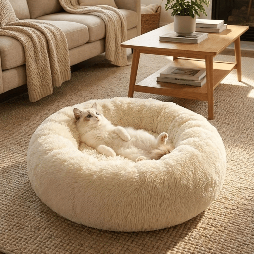 Yuvarlak Ultra Yumuşak Welsoft Peluş Kedi Ve Köpek Yatağı – Kaymaz Taban Tüylü Pet Pufu,uyku Minderi (krem) Bx40