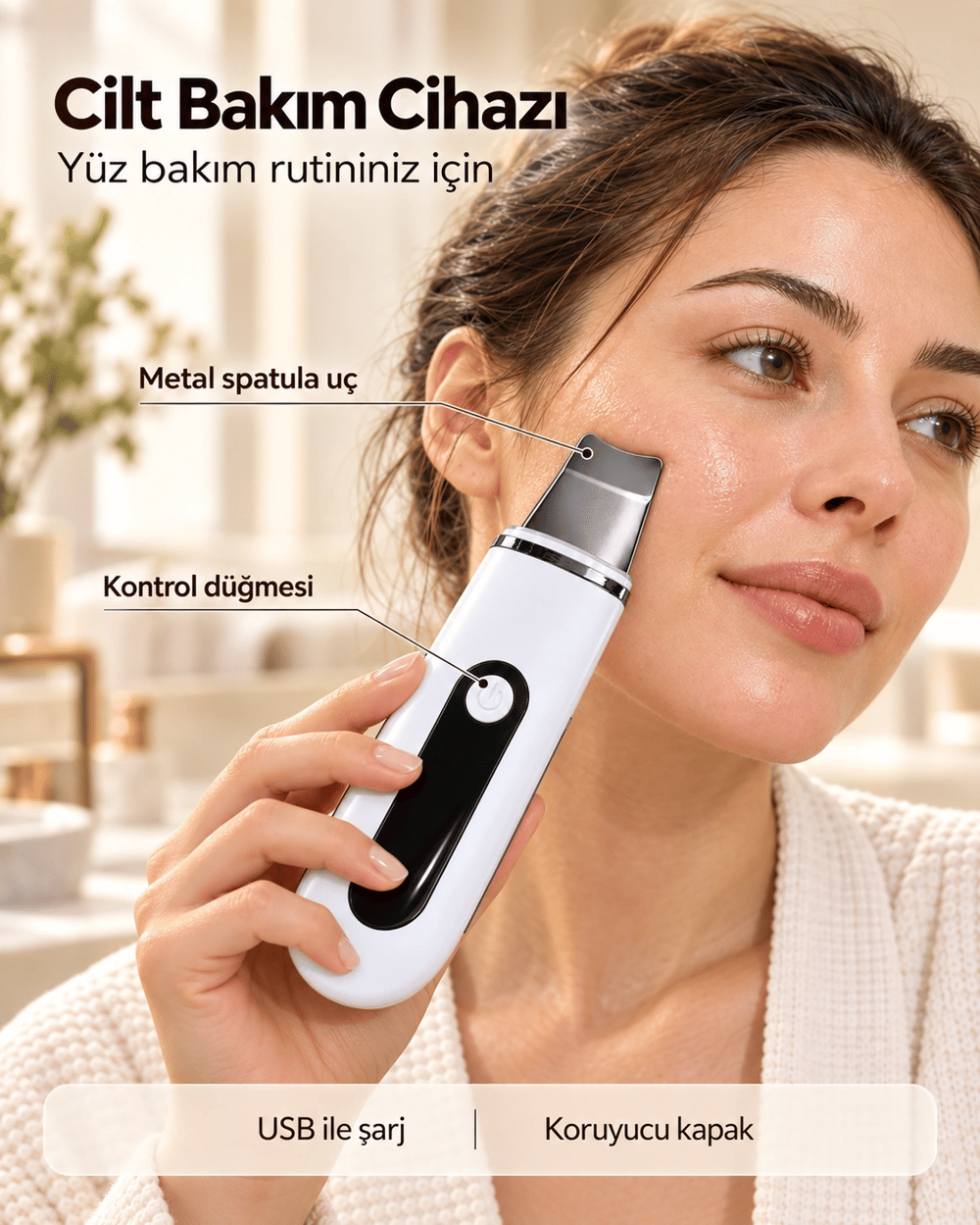 Yüz Bakım Rutini İçin Metal Uçlu USB Şarjlı Beyaz Cilt Bakım Cihazı