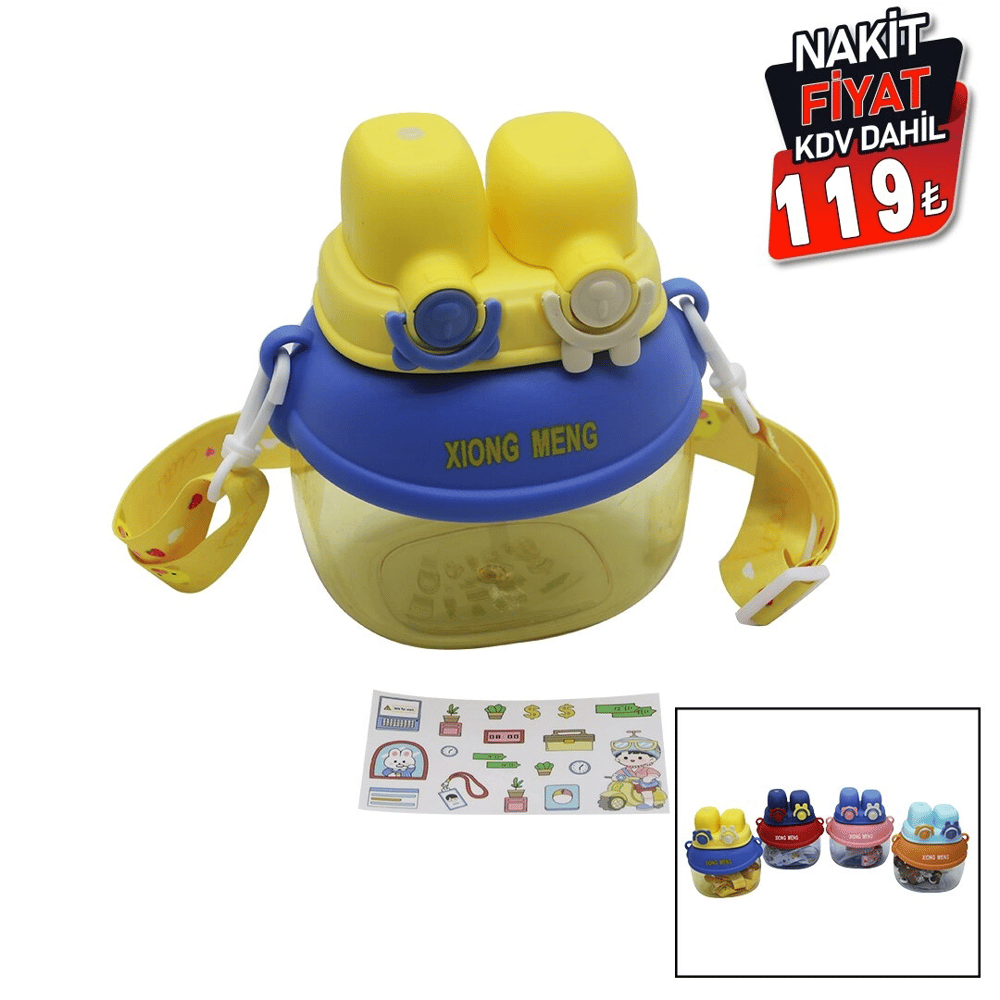 Yüz Modeli  - 2 Kilitli Kapak  Renkli Mika Kristal Suluk Matara Pipetli - Naylon Çantalı - Askılı 1280ml Bx40